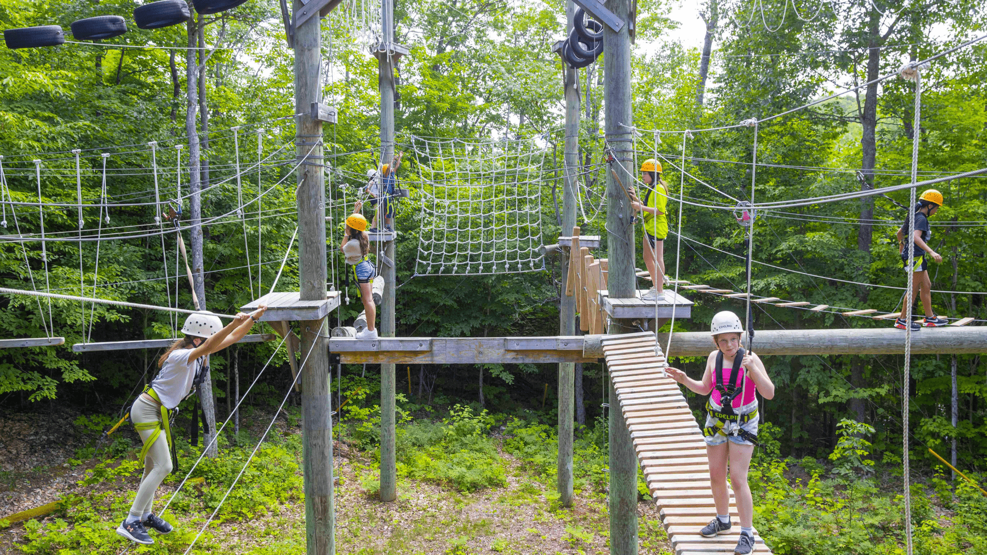 People navigating an outdoor ropes course in the green forest.
