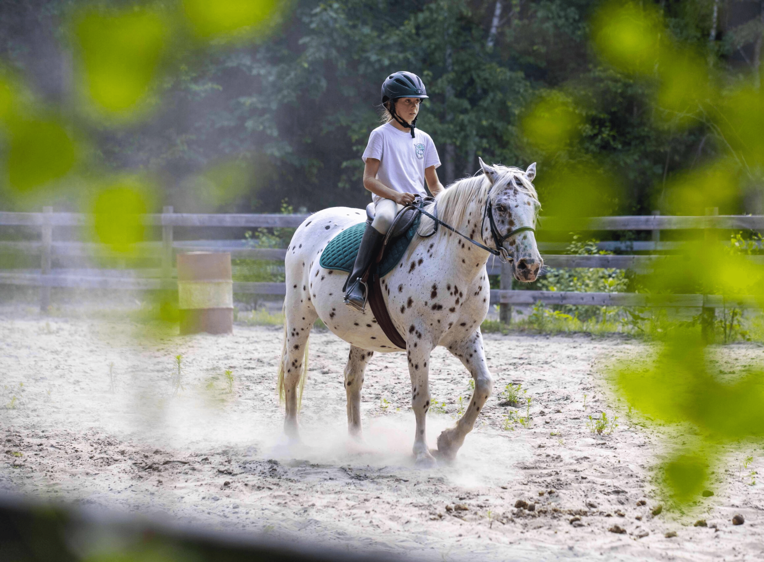 A young child riding a white spotted horse outdoors.