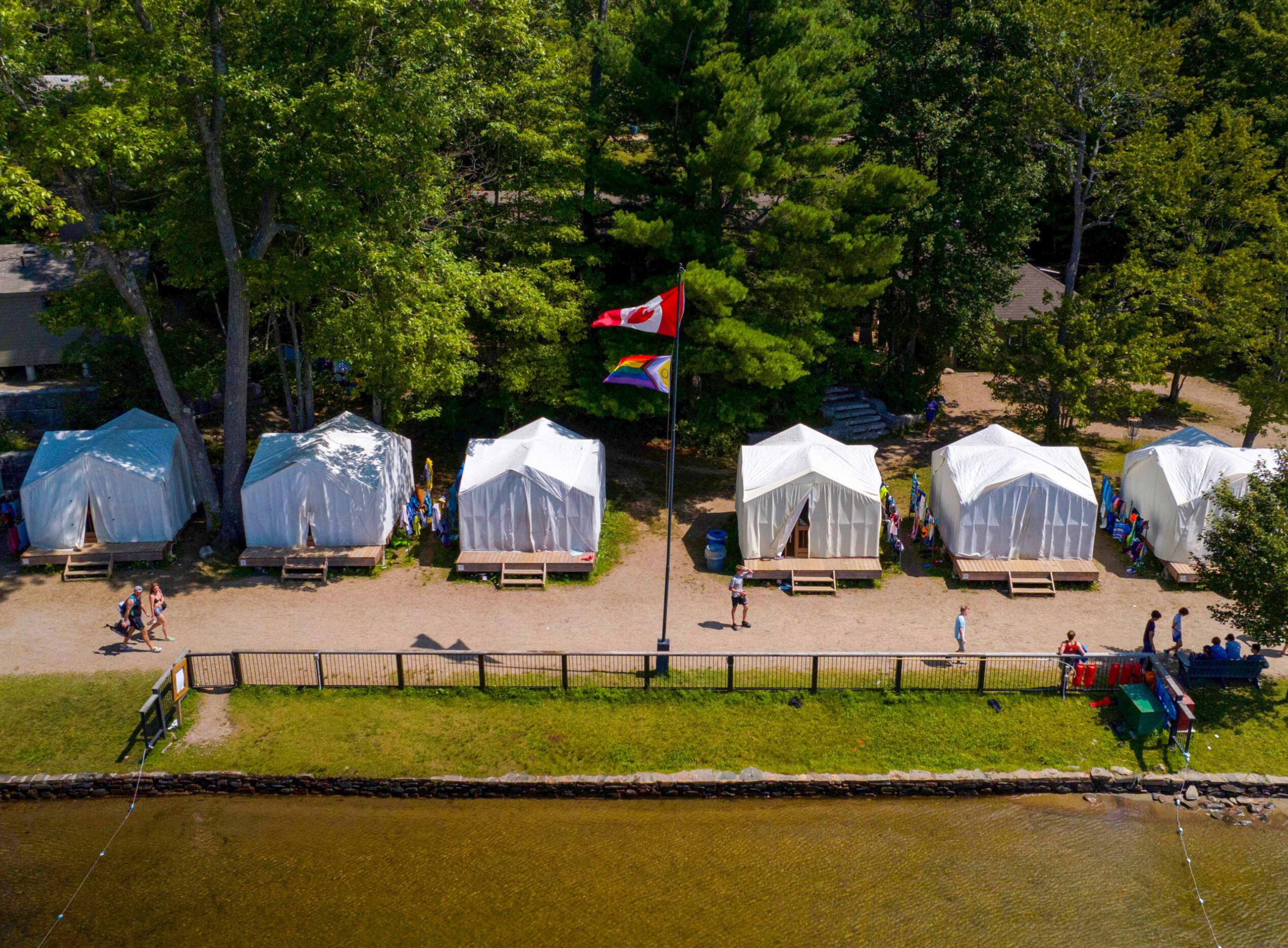 Rows of white platform tents tucked into a wooded area.